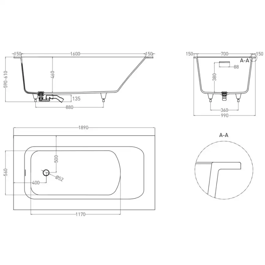 Ванна Salini ORLANDA KIT PLUS 190х100 102124M из материала S-Stone, Белая матовая фото 7