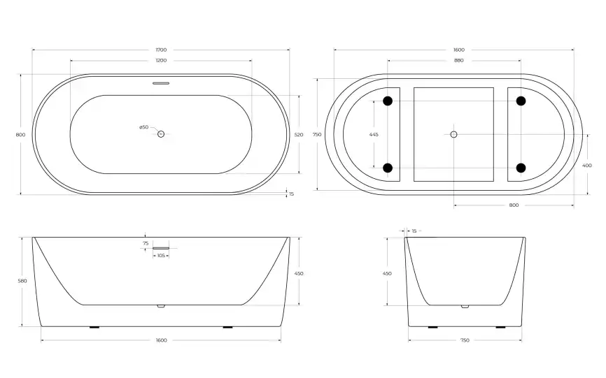 Акриловая ванна BelBagno 170х80 BB411-1700-800, отдельностоящая, Белая глянцевая фото 5