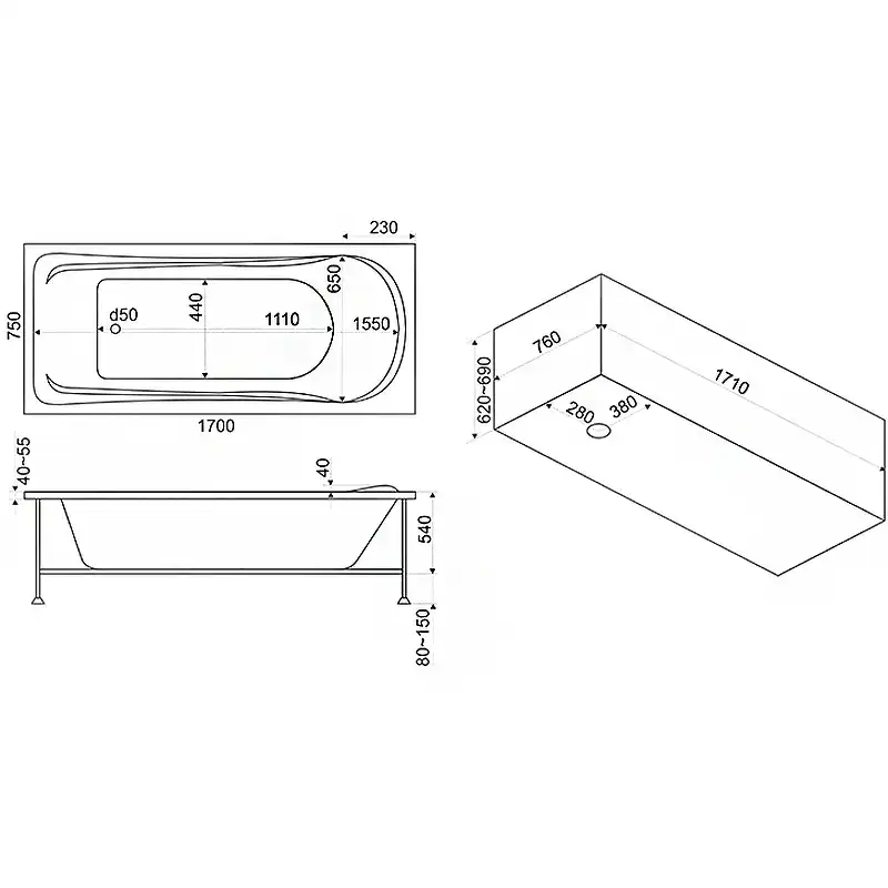 Акриловая ванна Bas Мальта 170x75 без гидромассажа фото 4