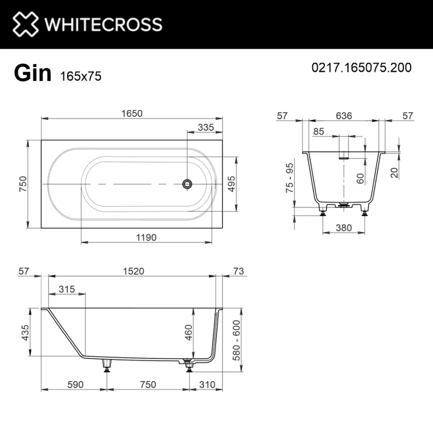 Ванна из искусственного камня WHITECROSS 165x75 Gin, белая матовая 0217.165075.200 фото 5