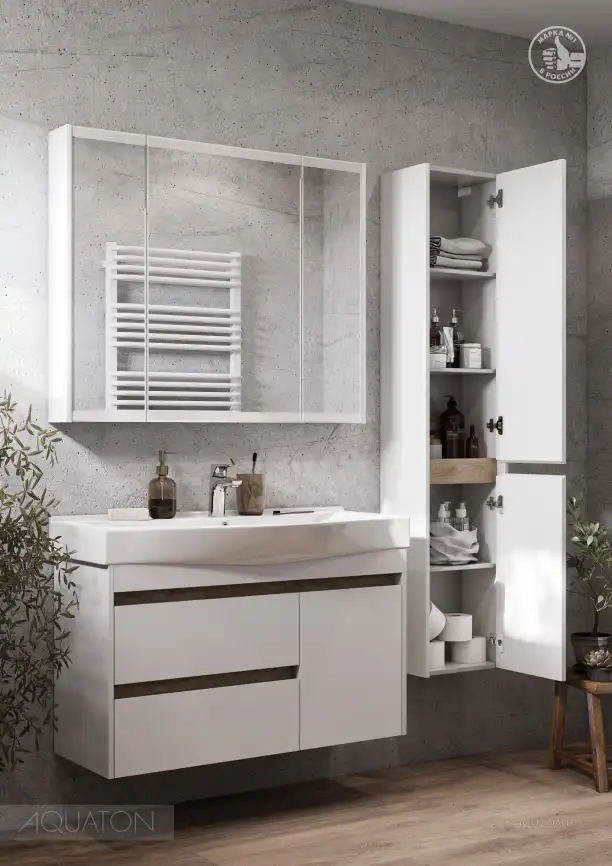 Тумба под раковину Aquaton Нортон 100 1A249001NT010 подвесная цвет, белый глянец / дуб эндгрейн фото 14