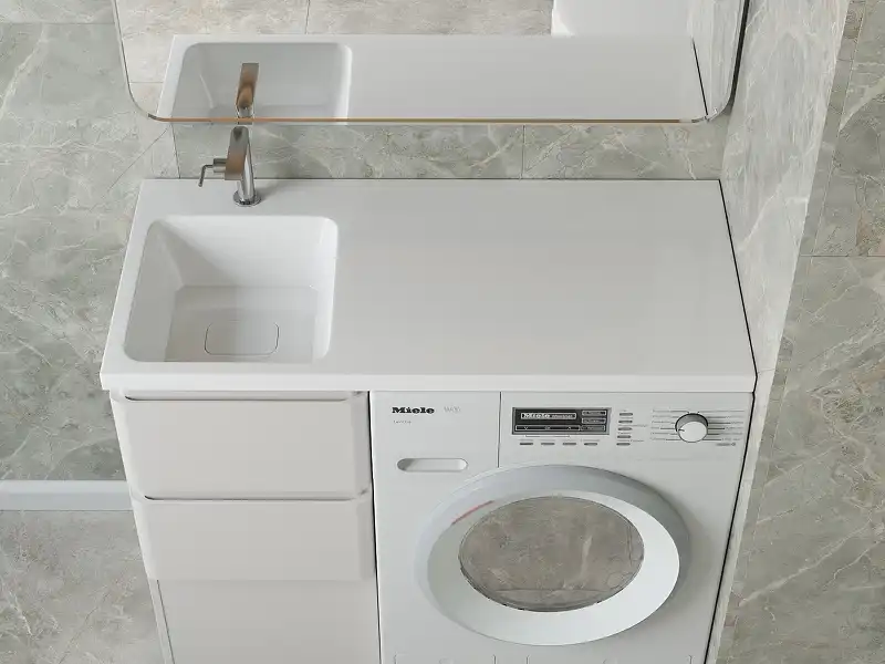 Раковина  Madera Kamilla 120х48 L 4627173210027 левая над стиральной машиной, из литьевого мрамора, Белая фото 3