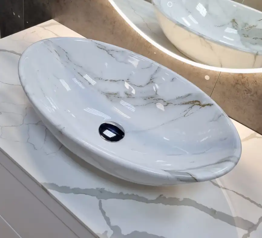 Раковина накладная CeramaLux 520х340х140 D1147-505(340), цвет Белый мрамор фото 2