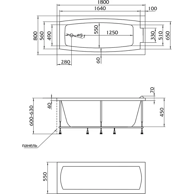 Акриловая ванна Marka One AELITA 180х80 01ае1880 прямоугольная, Белая фото 4