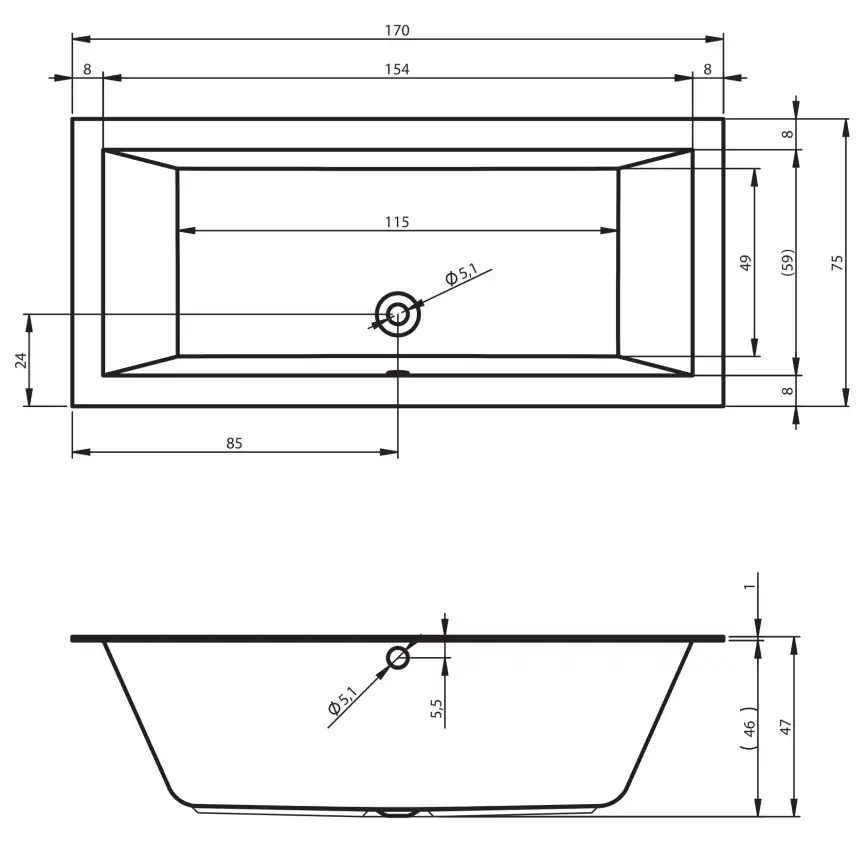 Акриловая ванна RIHO LUGO 170x75 (с тонким бортом) прямоугольная B132001005 фото 5