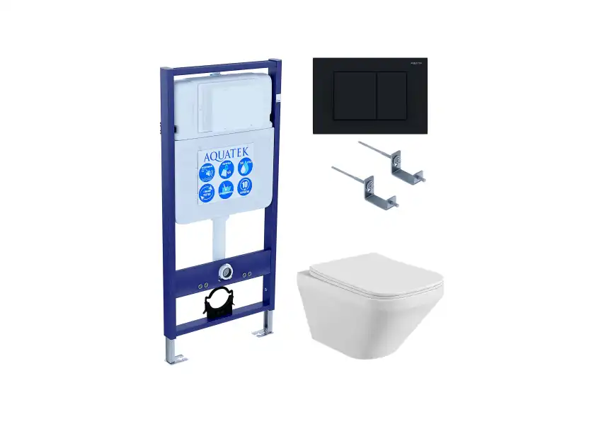 Унитаз с инсталляцией SET AQUATEK ЛИРА-012 4в1 с сиденьем микролифт и Черной матовой клавишей смыва фото 1