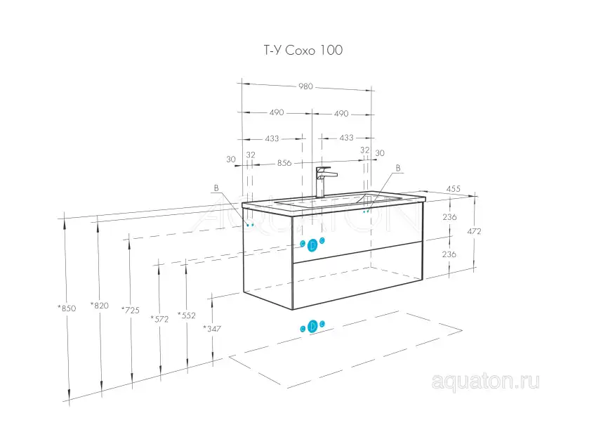 Тумба под раковину Aquaton Сохо 100 1A258201AJA00 подвесная цвет, дуб веллингтон / графит софт фото 2