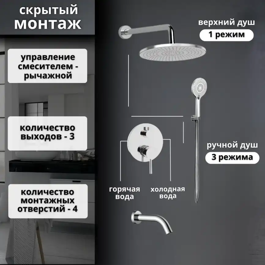 Встраиваемая душевая система AVS SLIMMER 811-141-CR с изливом, хром фото 12