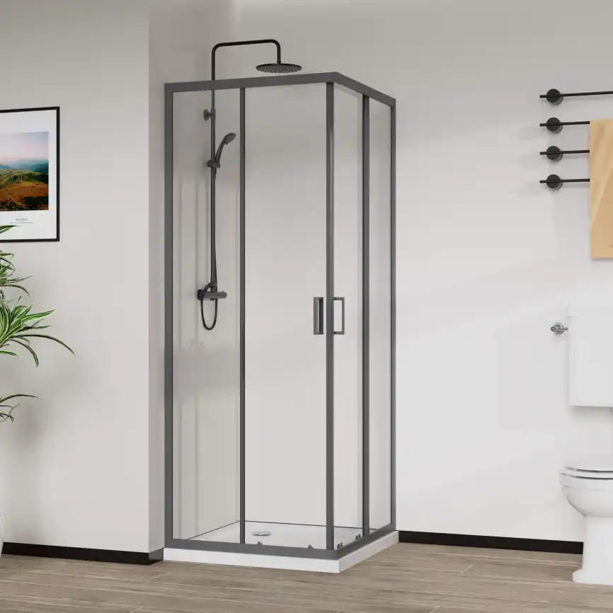 Душевой уголок Vincea City 90х90 VSS-5CT900CLGM, дверь раздвижная, профиль вороненая сталь, стекло прозрачное фото 2