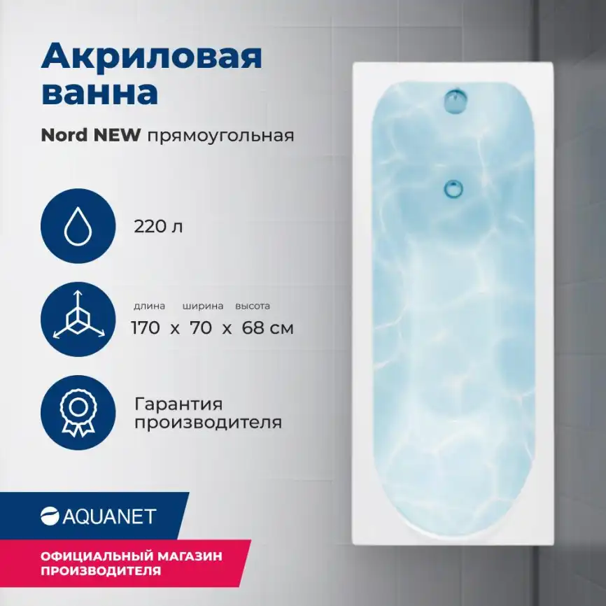 Акриловая ванна Aquanet Nord New 170х70 (242400), на каркасе, белая фото 1