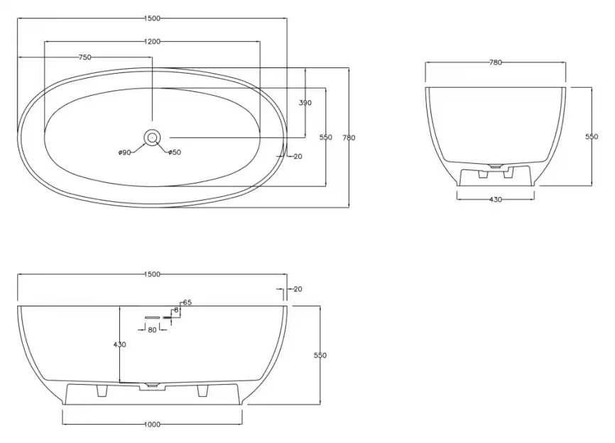 Ванна Abber Stein 150х80 AS9641-1.5 из искусственного камня, Белая матовая фото 7