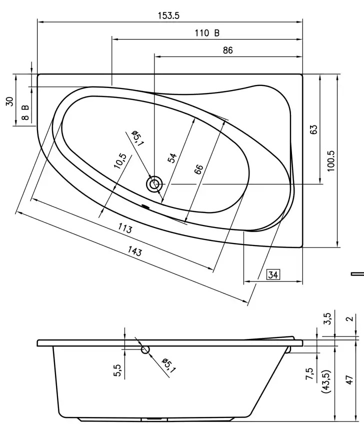 Акриловая ванна RIHO ARYL 153х100 L левосторонняя B022001005 фото 6