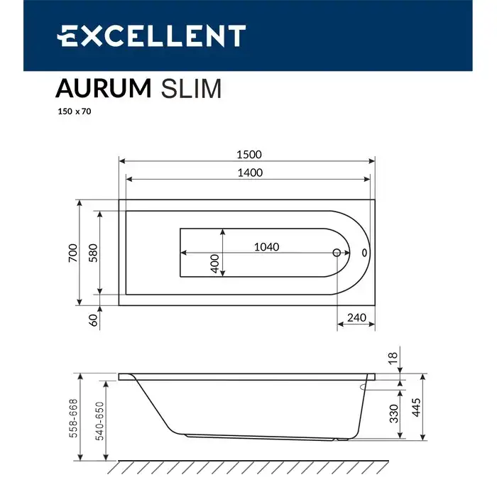 Акриловая ванна Excellent  Aurum Slim 150x70 с тонким бортом, встраиваемая, Белая фото 5