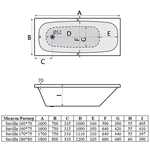 Акриловая ванна Alba Spa SEVILLA 160х70 см, ВПР0140100100, Белая фото 2