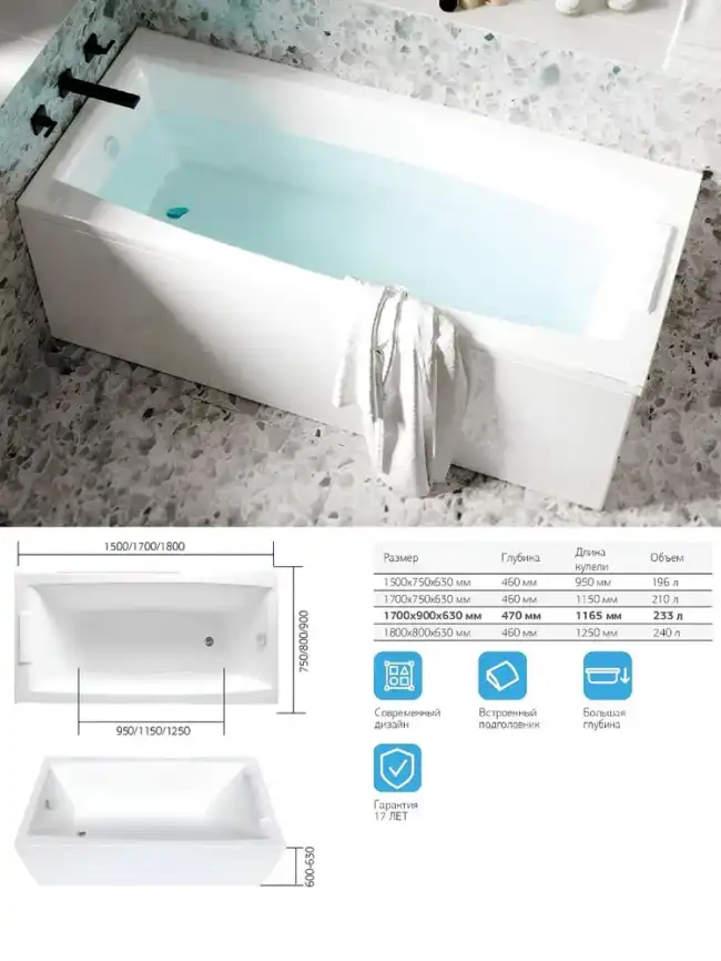 Акриловая ванна Marka One AELITA 180х90 белая 01ае1890 фото 6