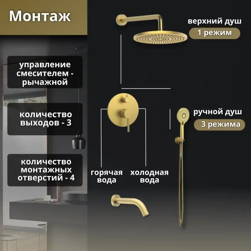 Встраиваемая душевая система AVS SLIMMER 811-141-BG с изливом, брашированное золото фото 13
