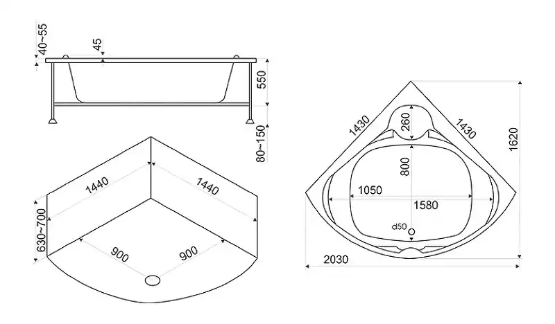 Акриловая ванна Bas Хатива 143x143 без гидромассажа фото 4