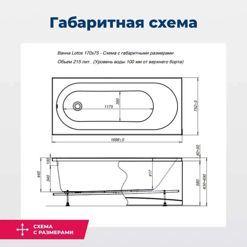 Акриловая ванна Aquanet Lotos 170х75 (311882), на каркасе, белая фото 2