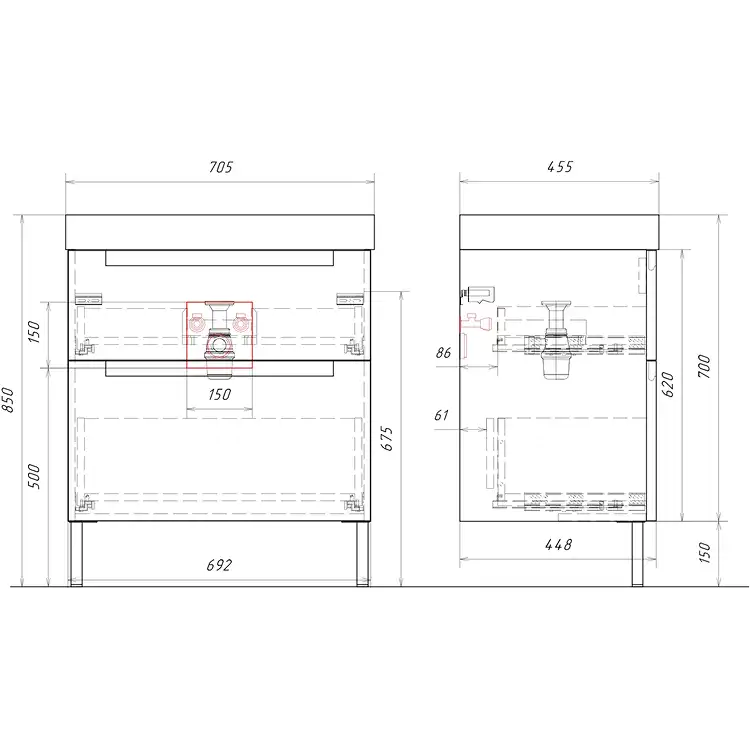 Тумба с раковиной напольная Aqwella Vancouver 70 VAN01072N, с двумя ящиками, цвет белый фото 5