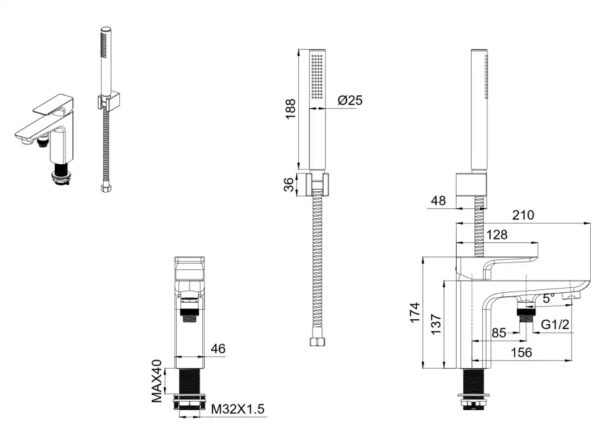 Смеситель на борт ванны Aquatek Вега AQ1044BGM, Оружейная сталь фото 2