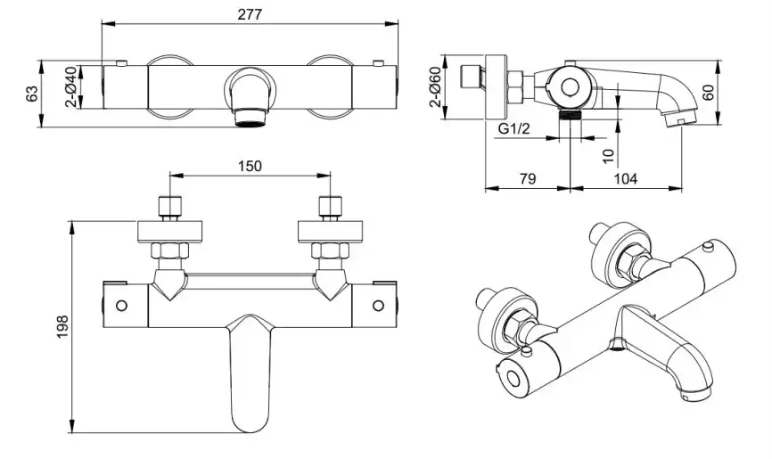 Смеситель для ванны Aquatek Вега AQ1043BGM термостатический, Оружейная сталь фото 2
