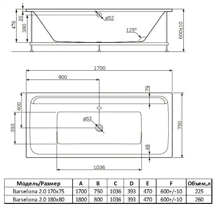 Акриловая ванна Alba Spa BARSELONA 2.0 170х75 см, ВПР0310200100, Белая фото 2