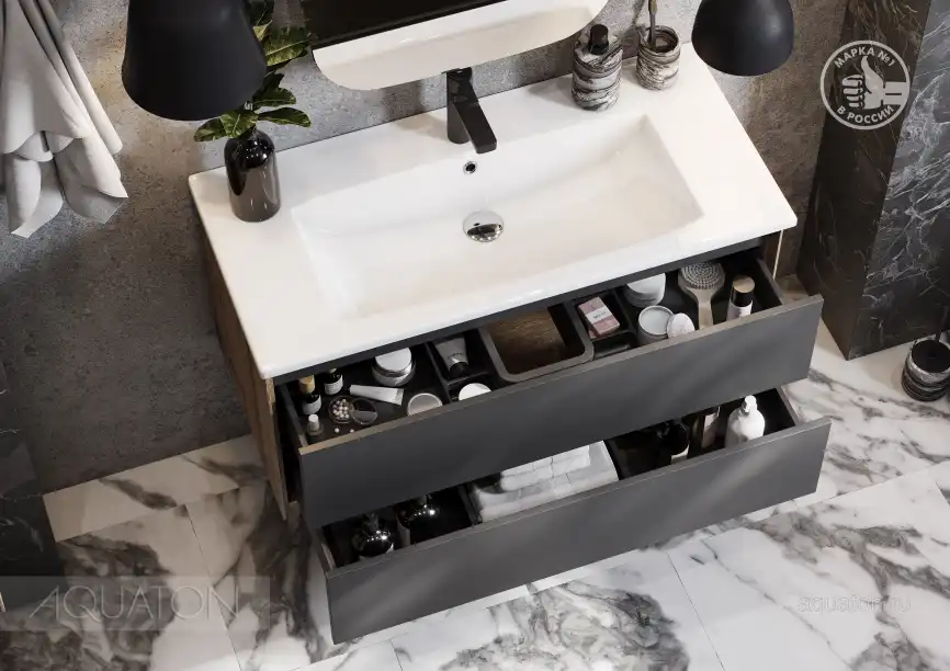 Тумба под раковину Aquaton Сохо 100 1A258201AJA00 подвесная цвет, дуб веллингтон / графит софт фото 6