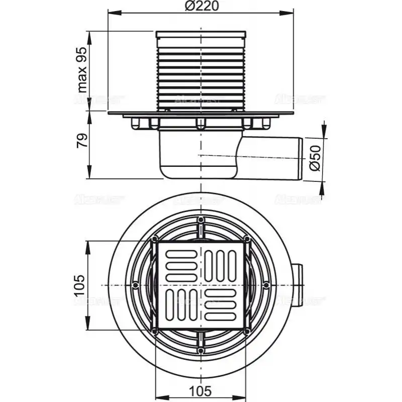 Душевой трап AlcaPlast 105х105/50, подводка – боковая, решетка – нержавеющая сталь, гидрозатвор – комбинированный APV1321 фото 2