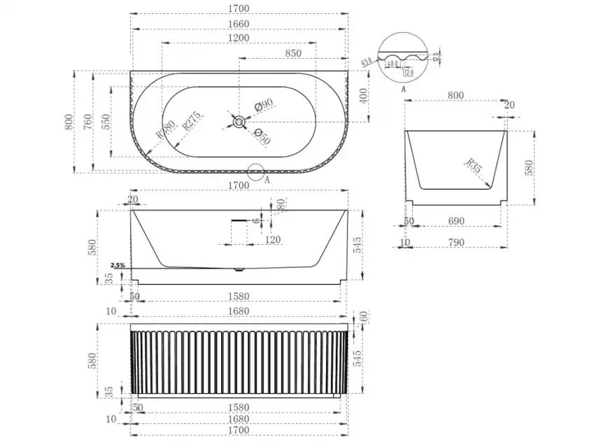 Акриловая ванна Abber 170х80 AB9416-1.7, отдельностоящая, Белая глянцевая фото 5