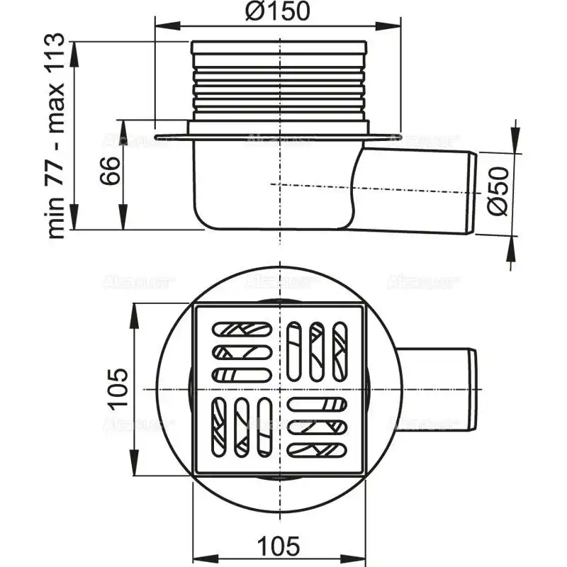 Душевой трап AlcaPlast 105х105/50, подводка – боковая, решетка –  нержавеющая сталь, гидрозатвор APV26 фото 2
