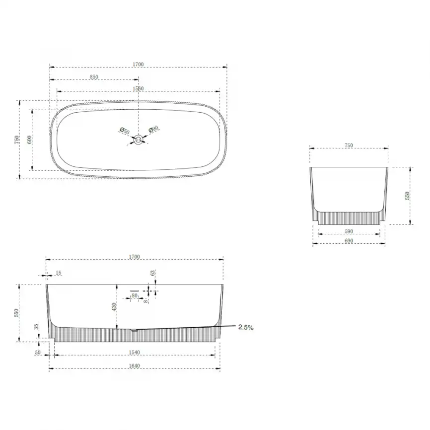 Ванна  Abber Stein 170х75 AS9601 из искусственного камня, Белая матовая фото 5