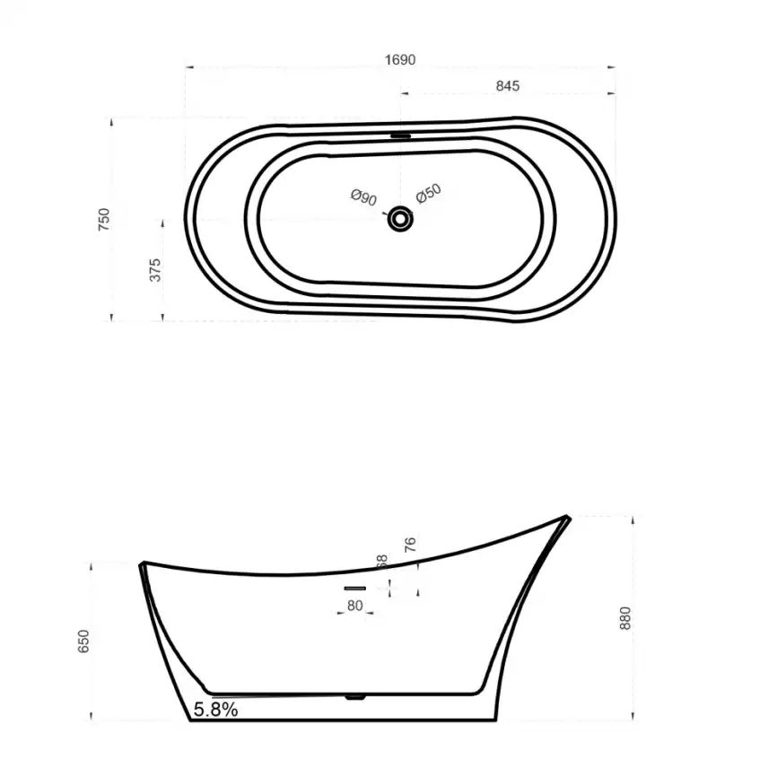 Ванна  Abber Stein 170х75 AS9618 из искусственного камня, Белая матовая фото 4
