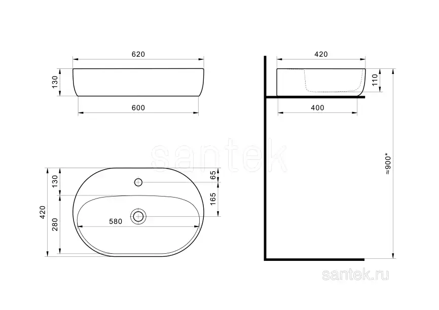 Раковина Santek Одри Round 620x420 отверстие под смеситель 1WH501710 фото 4