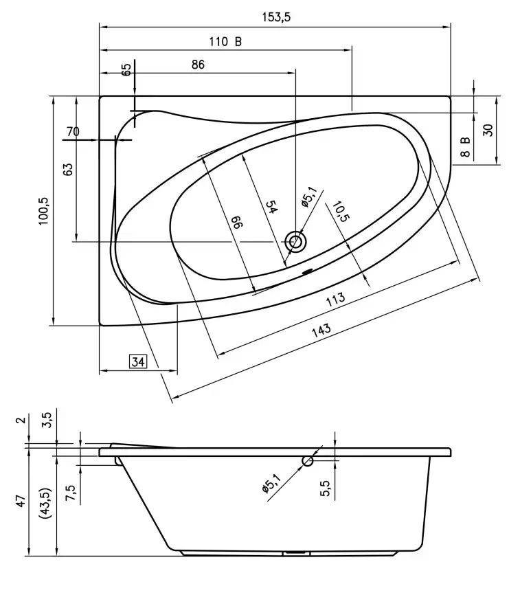 Акриловая ванна RIHO ARYL 153х100 R правосторонняя B021001005 фото 6